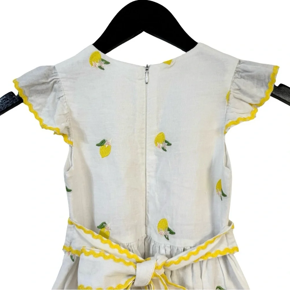 Sorci and Fofa Girls 6 Embroidered Lemon Flutter Sleeve Ric-Rac Linen Dress‎ - Picture 11 of 16